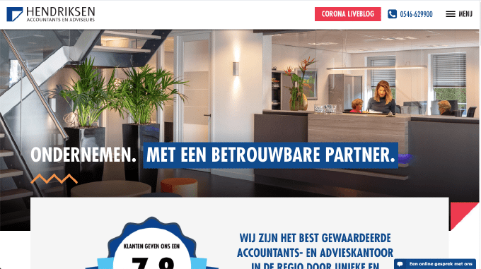 Screenshot van de website van Hendriksen