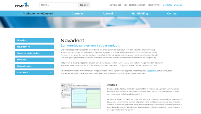 Screenshot van de website van novadent