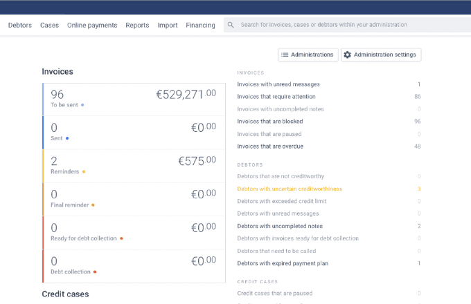  Screenshot van de software van Payt waar u een overzicht kunt zien van al uw facturen en debiteuren