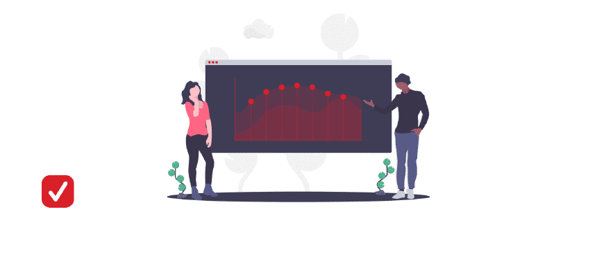 Illustration of 2 people checking the analytics of a company