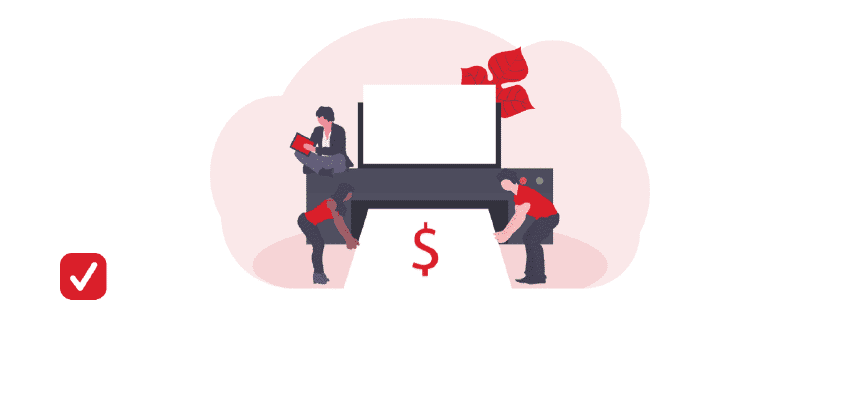 Illustration of 2 people printing invoices and 1 person billing online