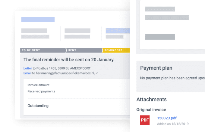 Screenshot der Software von Payt, wo Sie sehen können, wie Ihr Schuldner gemahnt wird und die Möglichkeit haben, einen Zahlungsplan zu starten