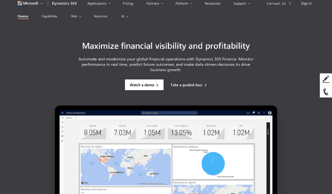 Screenshot der Website von Microsoft Dynamics 365 Finance