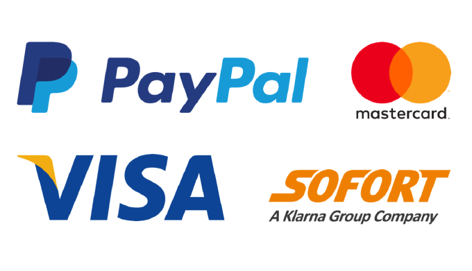 Screenshot der verschiedenen Zahlungsarten, die Sie anbieten können: PayPal, Mastercard, VISA, Sofort