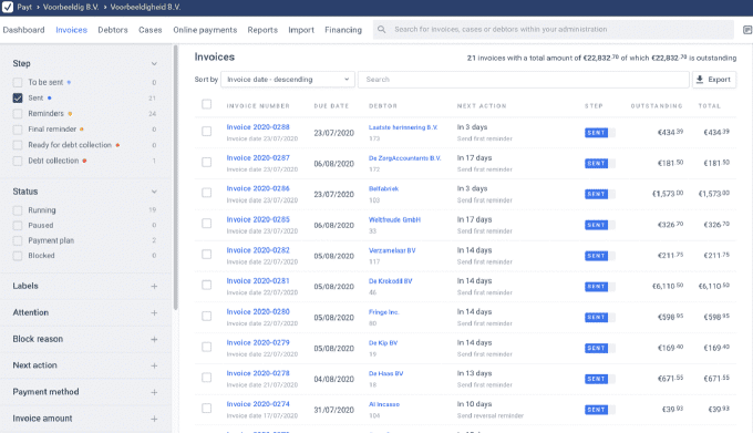 Screenshot of Payt software where you can see an overview of all invoices 