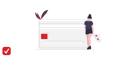 Illustratie van een persoon die geld in haar hand heeft en voor een creditcard staat