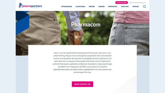 Screenshot van de website van pharmacom