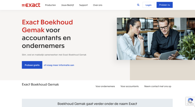 Screenshot of the homepage of Exact Boekhoudgemak